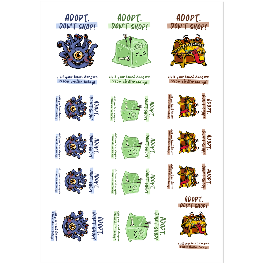 Dungeon Monsters - 9x14 Inch plain Sheet of Peelable, Water Resistant Stickers Pack of 15
