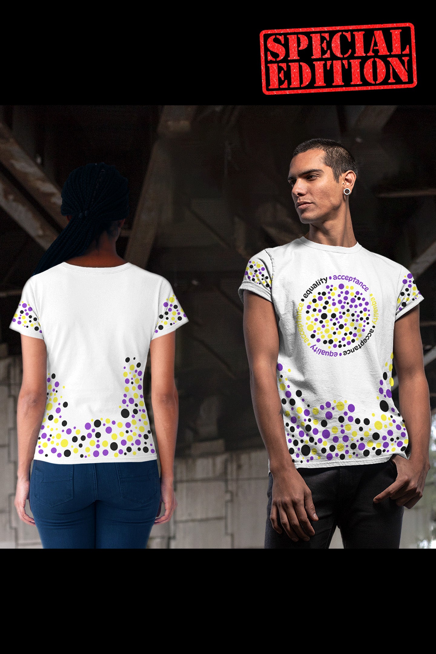 Designer Non-Binary pride shirt, Special Edition - This gorgeous Unisex high quality allover print is our favourite design!