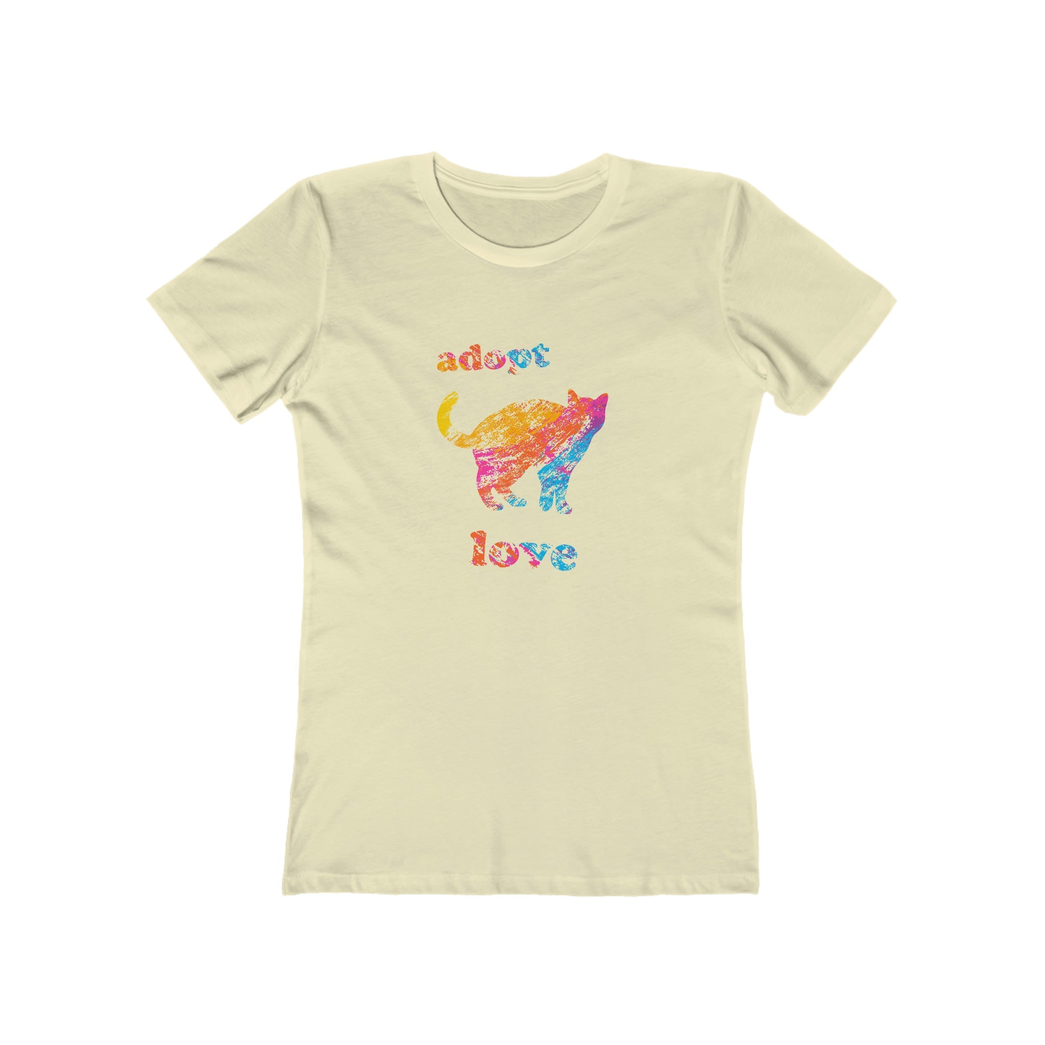 Adopt Love Cat with Colour Lettering : Women's 100% Cotton T-Shirt - Supporting Humane Animal Shelters