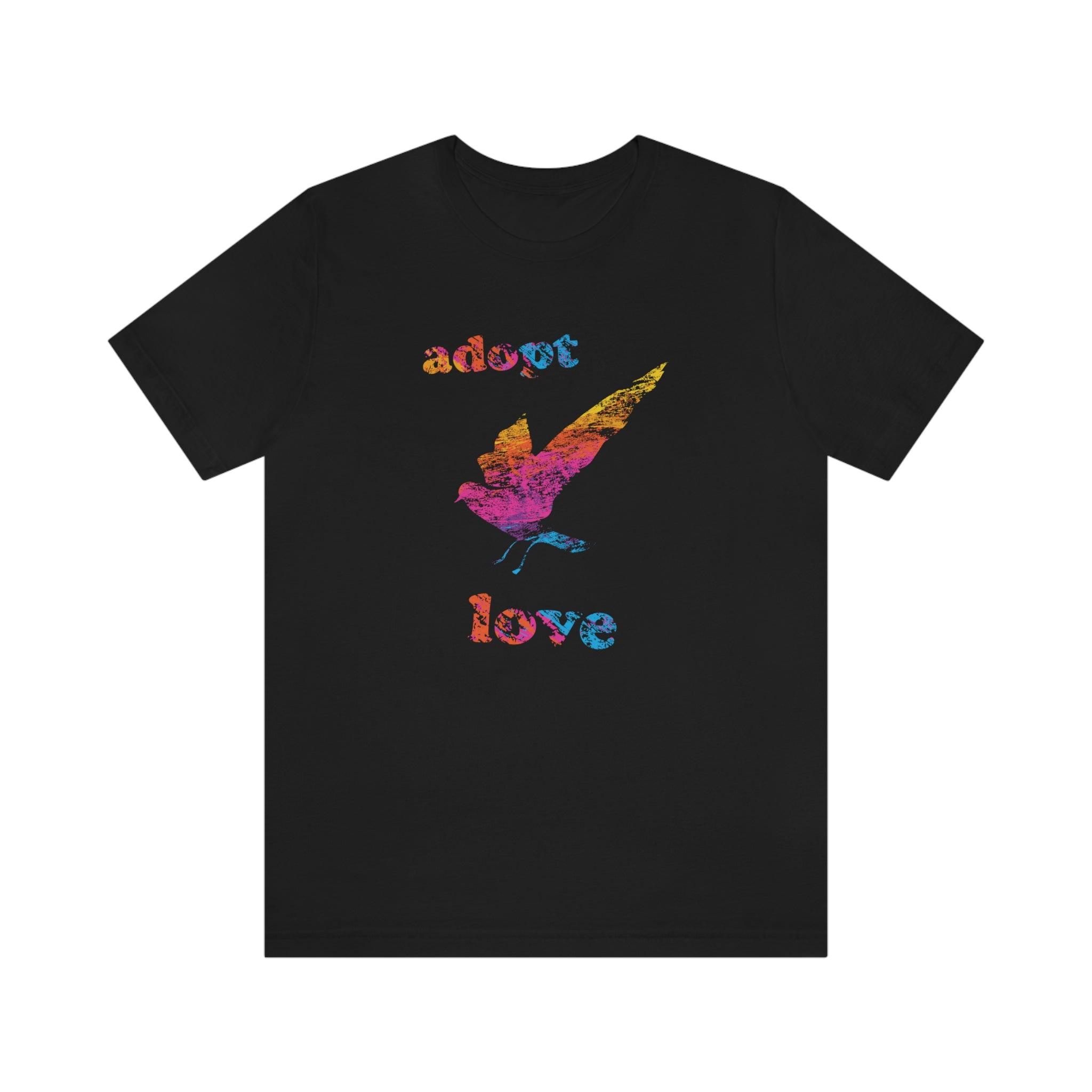 Adopt Love Bird with Colour Lettering : Unisex 100% Comfy Cotton T-Shirt, Supporting Humane Animal Shelters