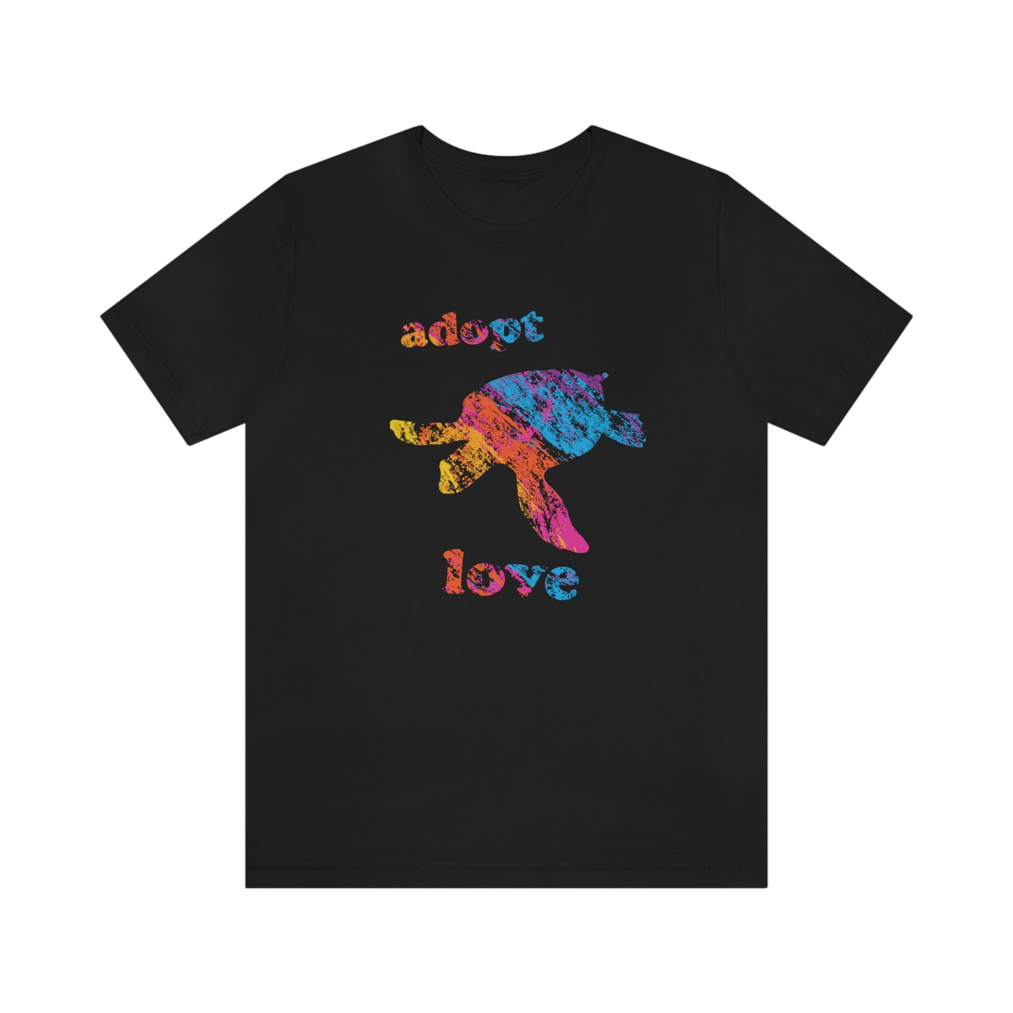 Adopt Love Turtle - Colour Lettering : Unisex 100% Comfy Cotton T-Shirt Supporting Humane Animal Shelters