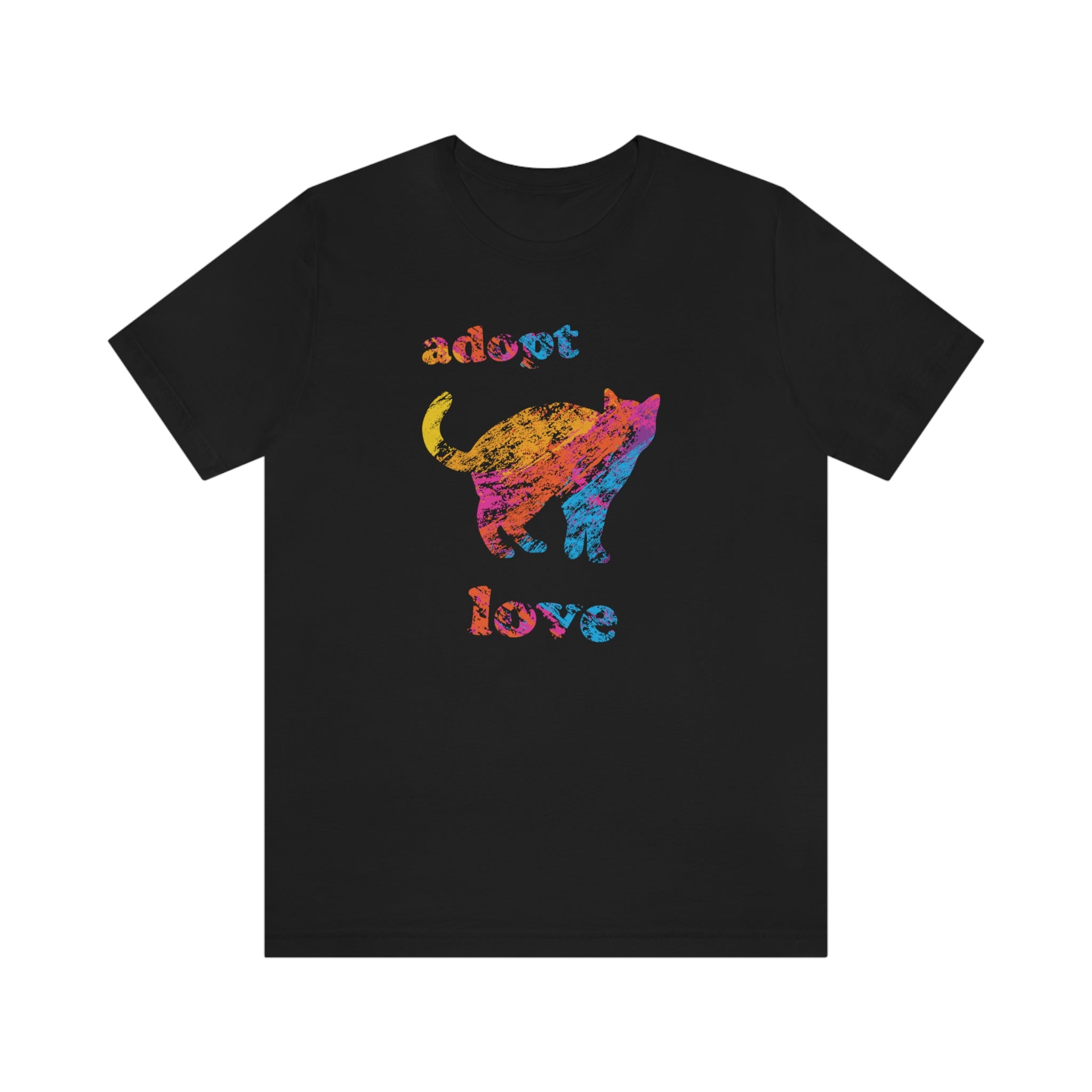 Adopt Love Cat with Colour Lettering : Unisex 100% Cotton T-Shirt Supporting Humane Animal Shelters