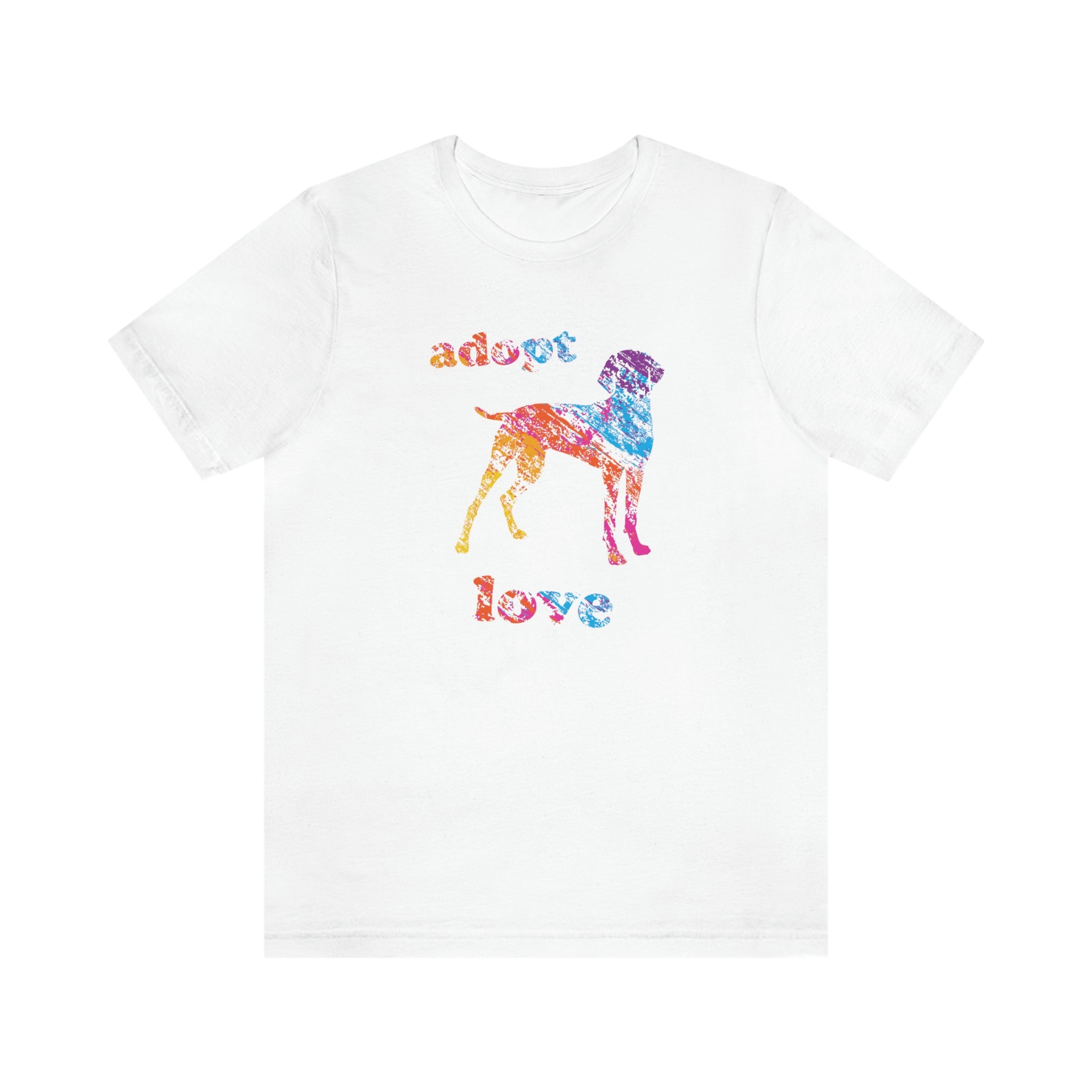 Adopt Love - Dog with Colour Lettering :  Unisex 100% Cotton T-Shirt Supporting Humane Animal Shelters