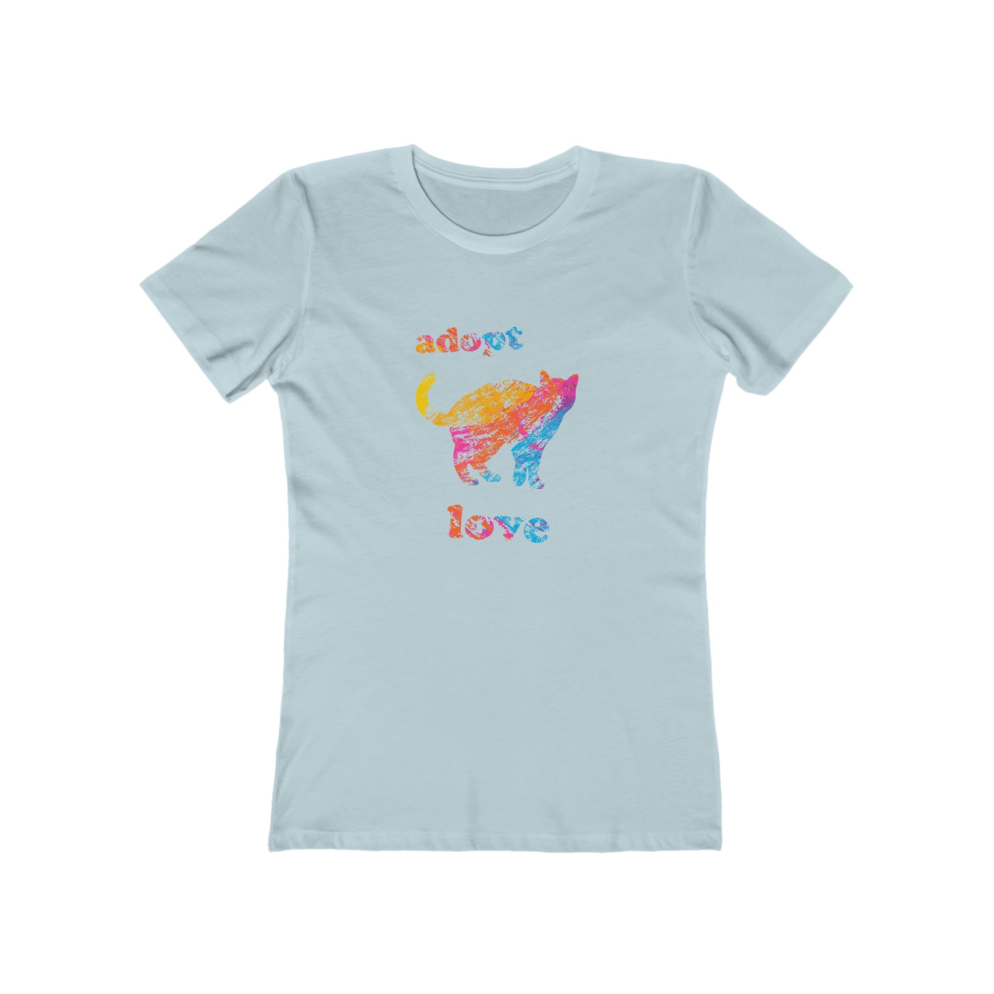 Adopt Love Cat with Colour Lettering : Women's 100% Cotton T-Shirt - Supporting Humane Animal Shelters