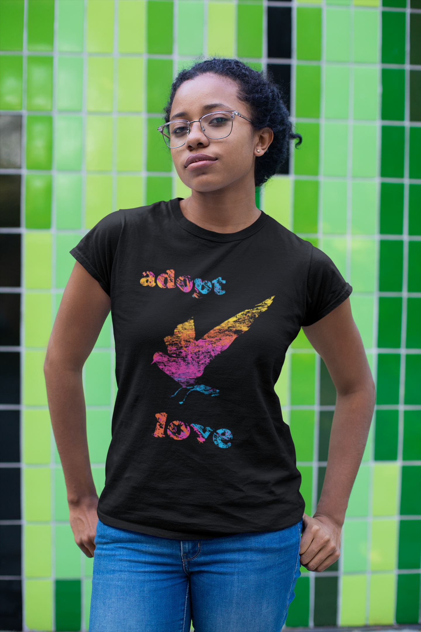 Adopt Love Bird with Colour Lettering : Unisex 100% Comfy Cotton T-Shirt, Supporting Humane Animal Shelters