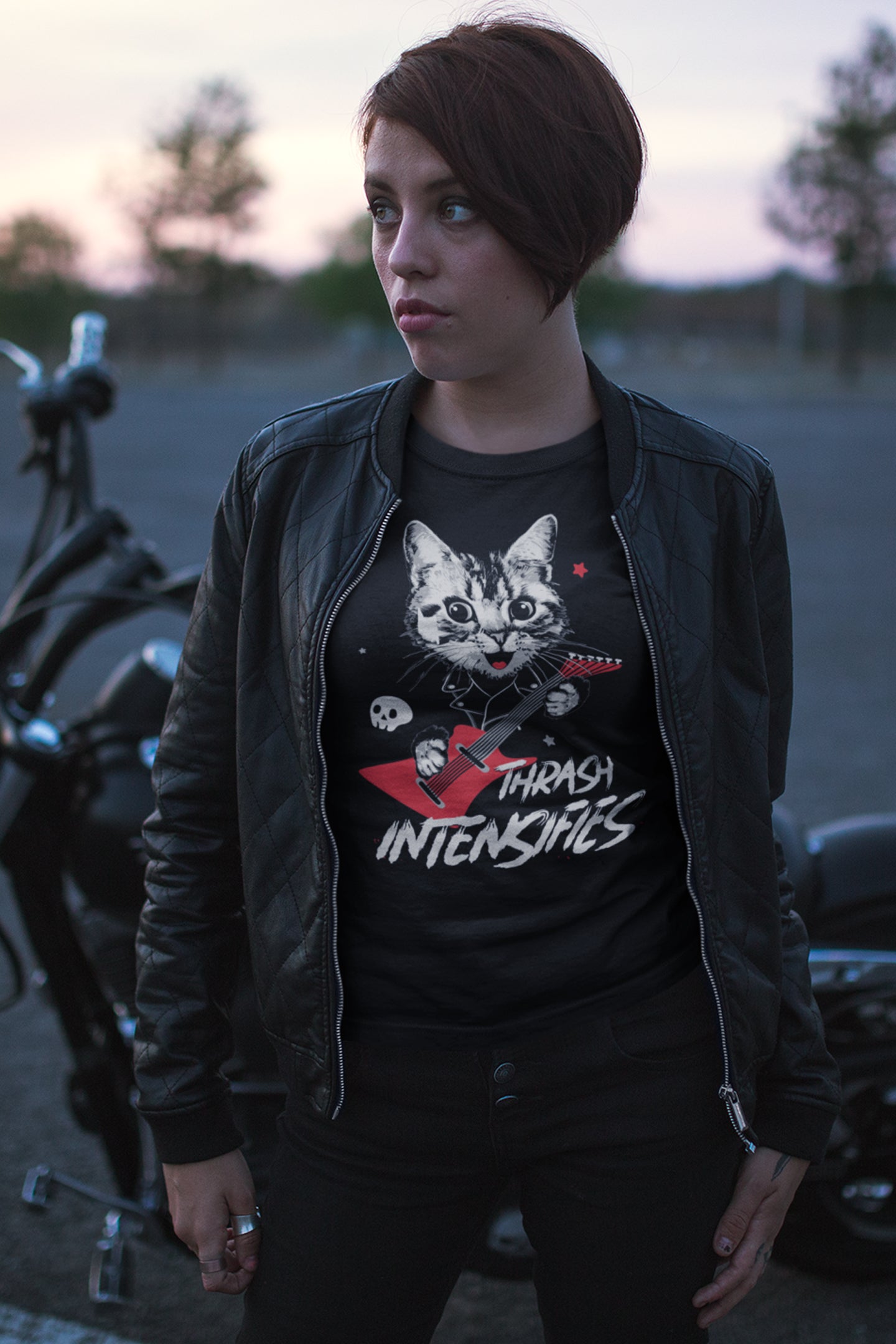 Thrash Intensifies : Women's 100% Cotton T-Shirt - A gentler design from our “pet cats” metal t-shirt line